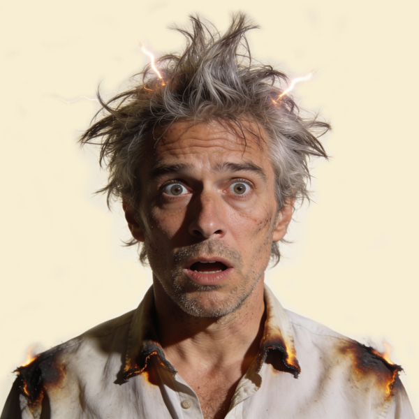 A man receiving a comic electric shock