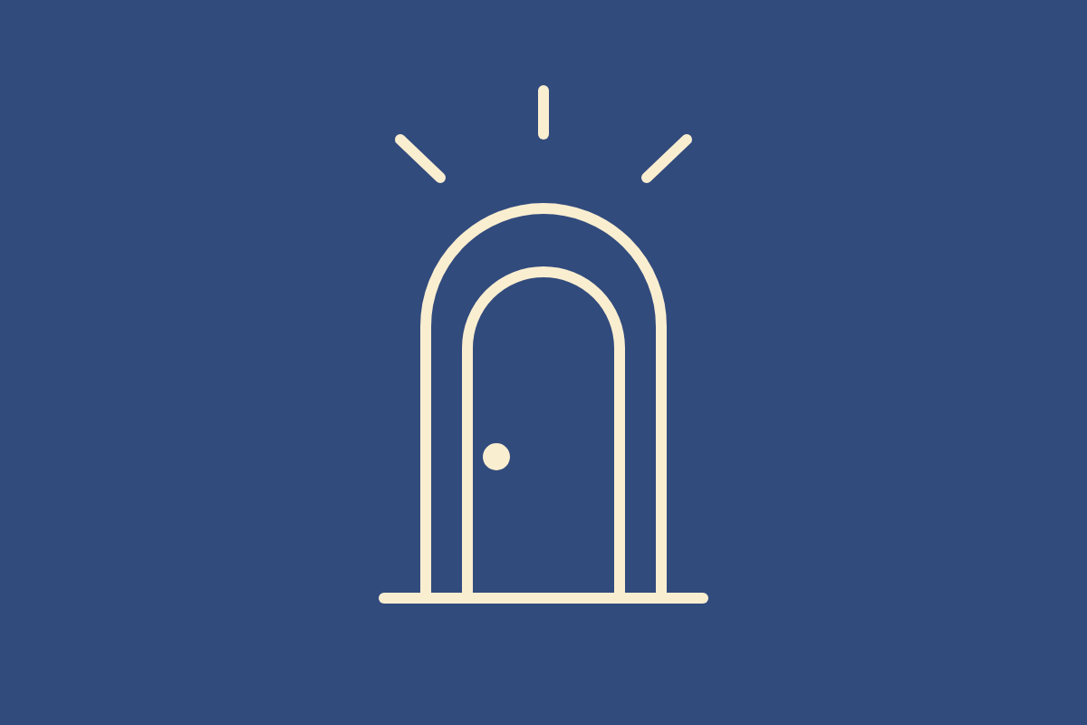 A glowing arched doorway with light spilling through