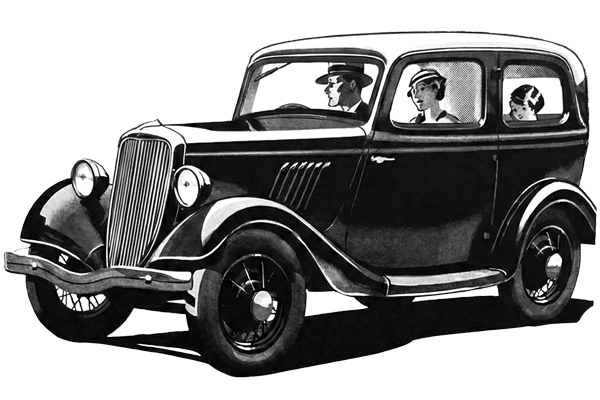 A 1930s black Ford motor car, illustrated in black and white