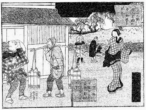 A 19th-century Japanese print of a “night man” carrying buckets of human waste on a shoulder pole through a village street